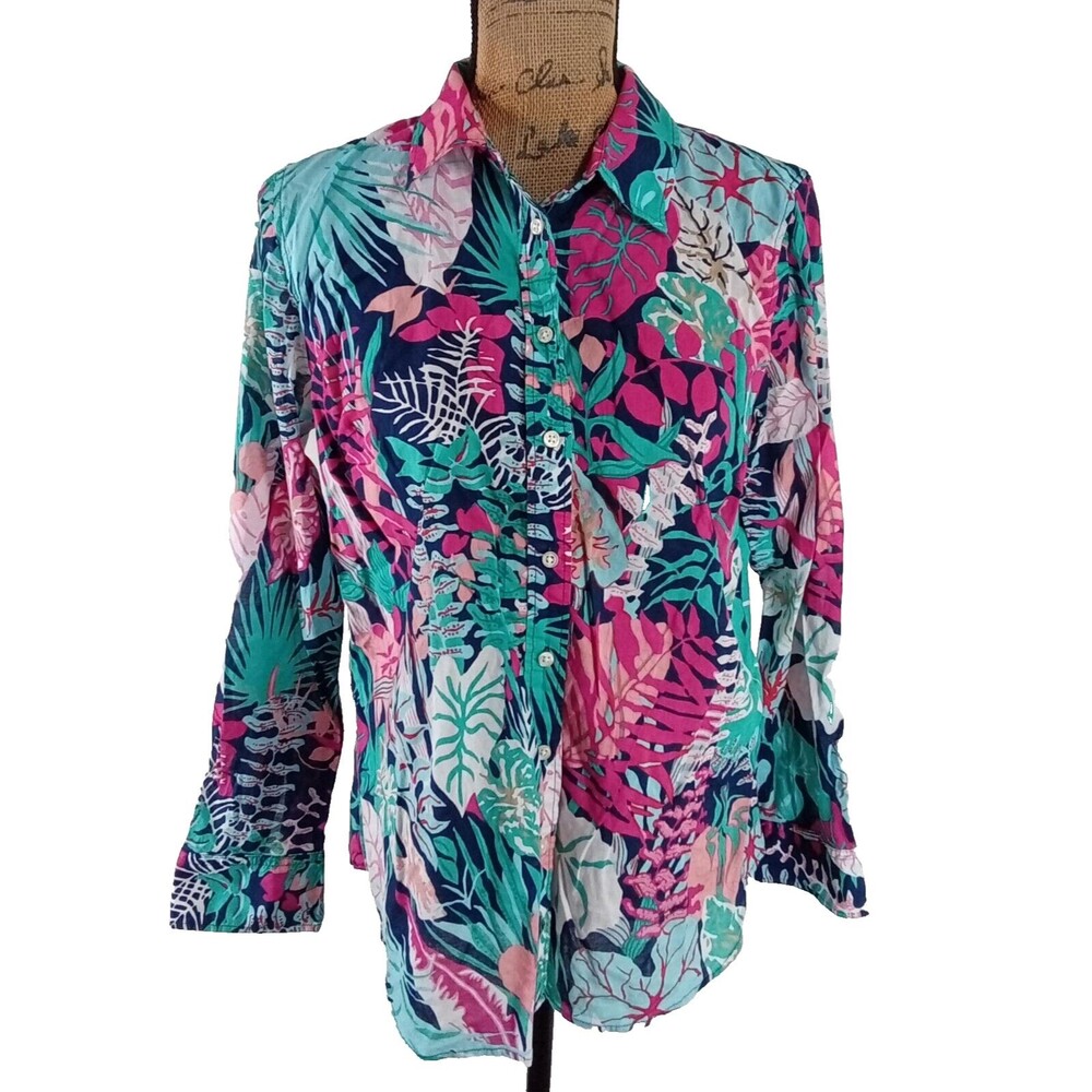 Talbots M Top Bright‎ Floral Collar Button Shirt Long Sleeve Cotton Botanical